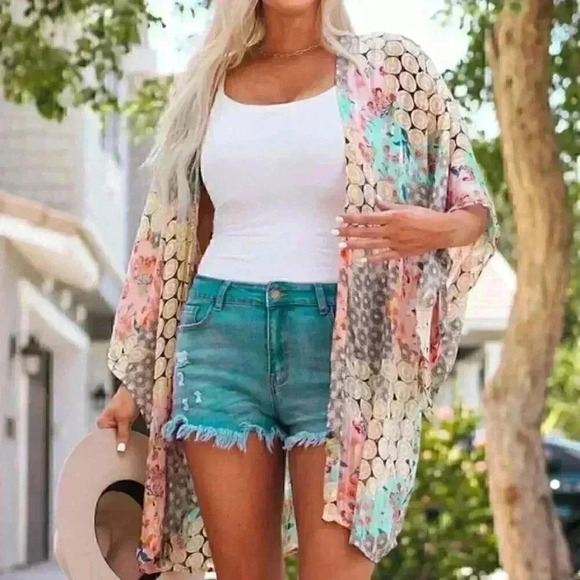 Multicolor Boho Womens Allover Print Batwing Sleeve Kimono - Picture 5 of 5